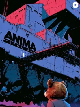 ANIMA sign on a building with a teddy bear, from an Anima Studios LinkedIn post