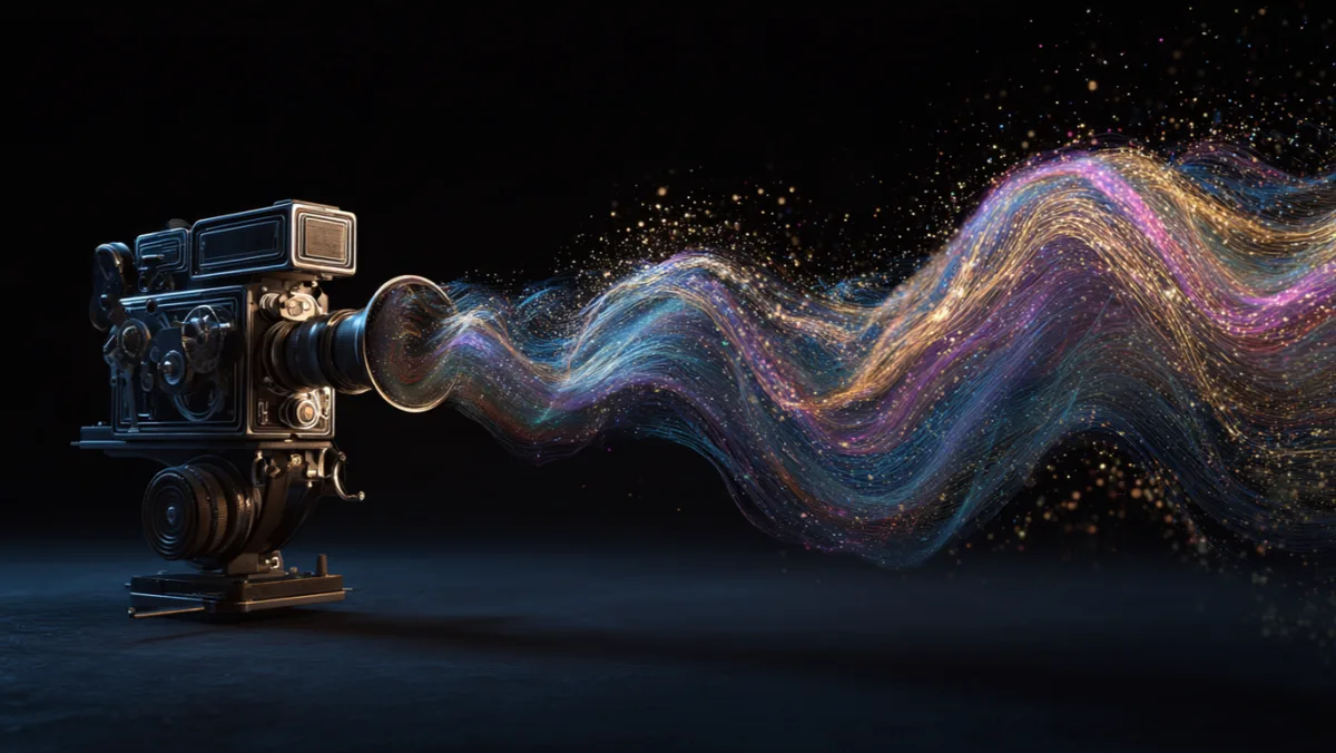 A vintage film camera projecting a swirling ribbon of colored light particles