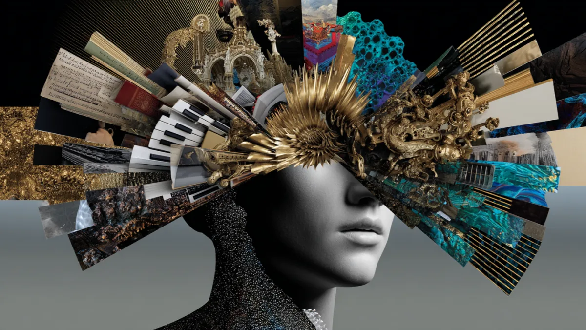 Collage portrait: a sculpted head with a fan of art, music and imagery across the eyes