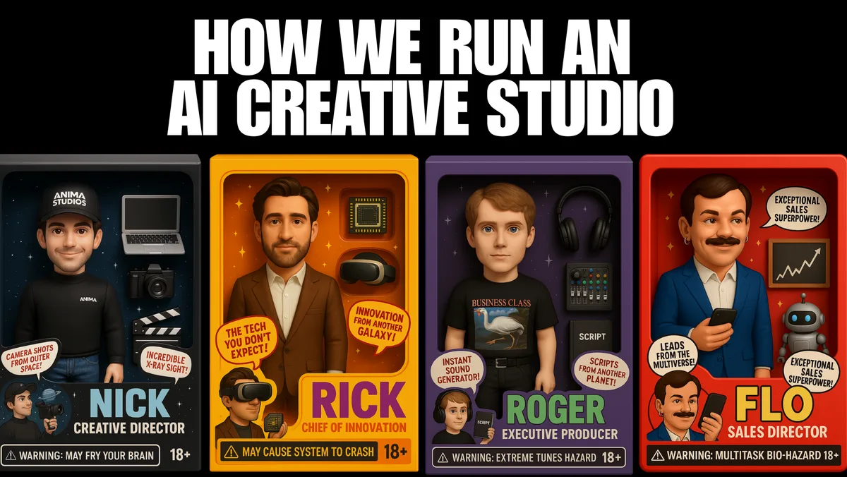 Article cover: the four founders as boxed action figures under the title How We Run an AI Creative Studio