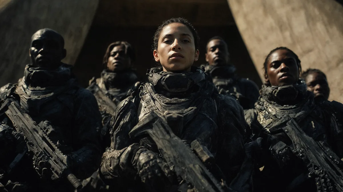 Still from an AI-generated sci-fi short: armored soldiers facing the camera