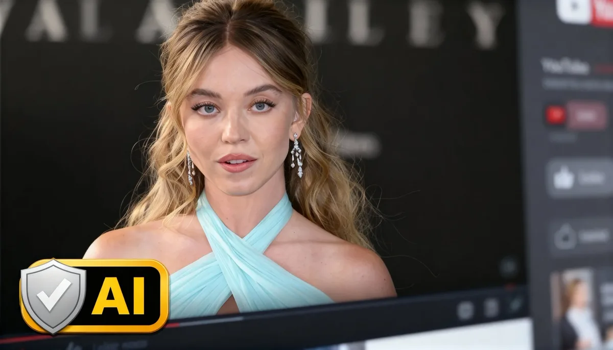 Video frame of a woman at a premiere, stamped with an AI verification badge