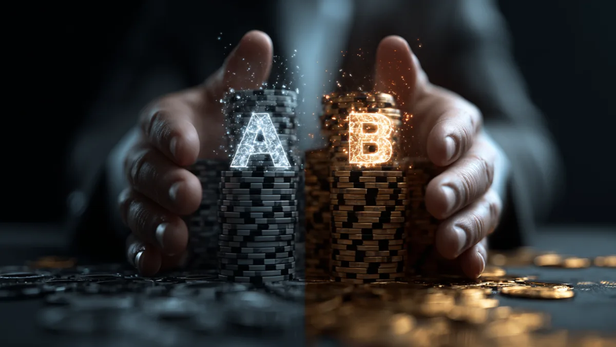 Hands guarding two stacks of casino chips marked A and B, one lit gold