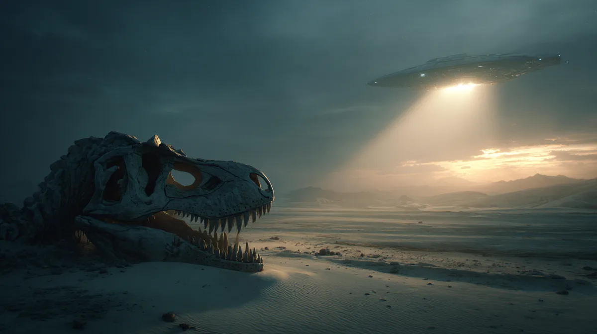 AI-generated scene: a spaceship beams light down beside a dinosaur skeleton in a desert